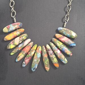 Vintage Sea Sediment Jasper Multicolor Beads Silver Tone Necklace 17" Colorful